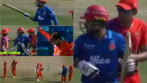 Faheem Ashraf points bat at Mohammad Amir