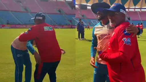 Mohammed Siraj touches Bharat Arun’s feet