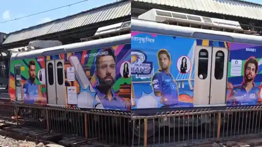 Mumbai AC local train turns blue and gold in Mumbai Indians theme