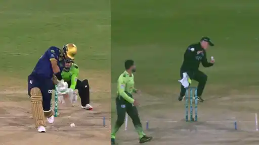 Shan Masood nearly struck umpire Chris Gaffaney with a powerful drive in PSL 2026, but the official reacted quickly to avoid a dangerous moment.