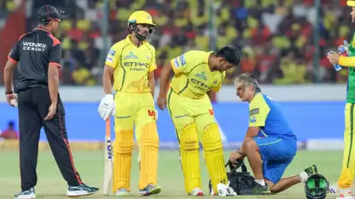 Ayush Mhatre receiving physio treatment during IPL 2026 match after hamstring injury