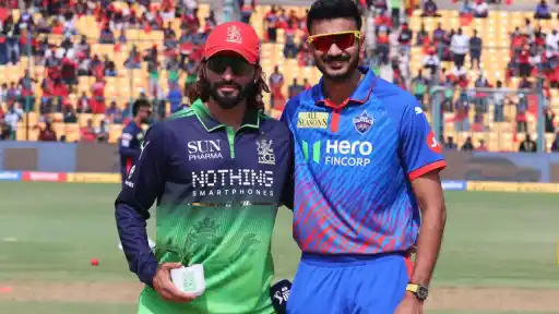 Rajat Patidar and Axar Patel during toss in RCB vs DC IPL 2026 at Chinnaswamy Stadium