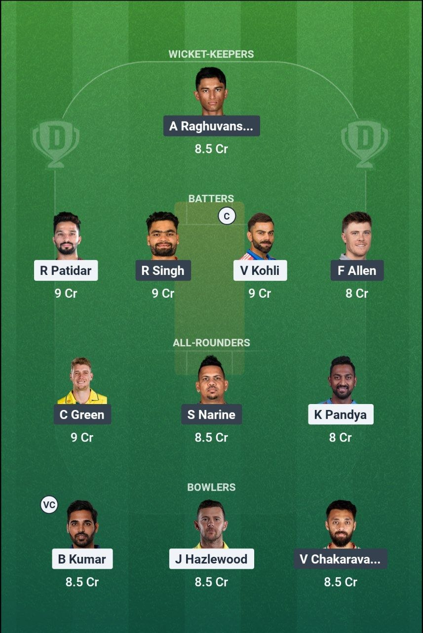 RCB vs KKR Match 57 Dream11 Team