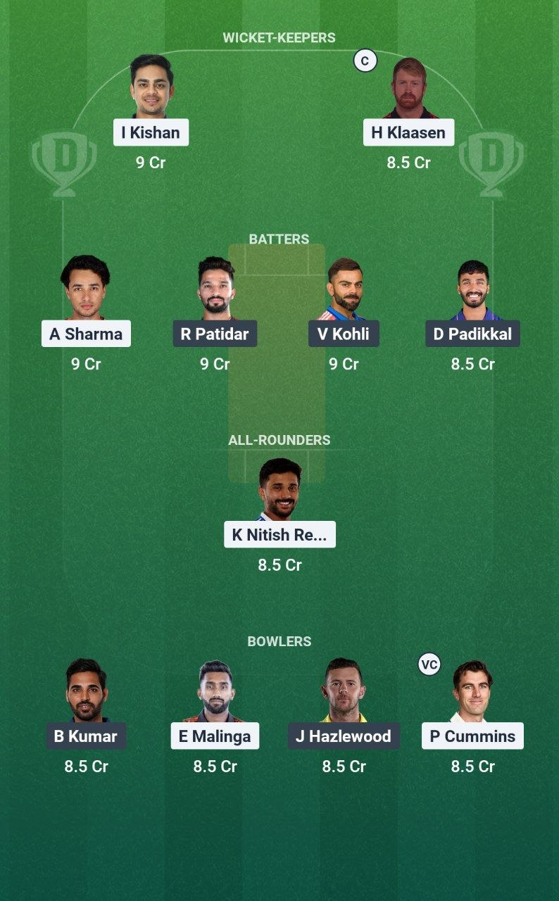 SRH vs RCB Match 67 Dream11 Team