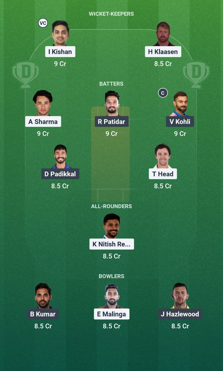 SRH vs RCB Match 67 Dream11 Team
