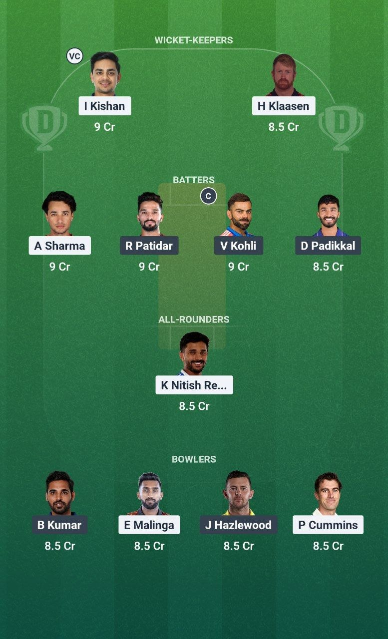 SRH vs RCB Match 67 Dream11 Team