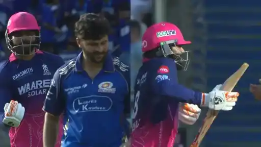 Ravindra Jadeja mocking Shardul Thakur after smashing no-ball for boundaries during MI vs RR IPL 2026 match