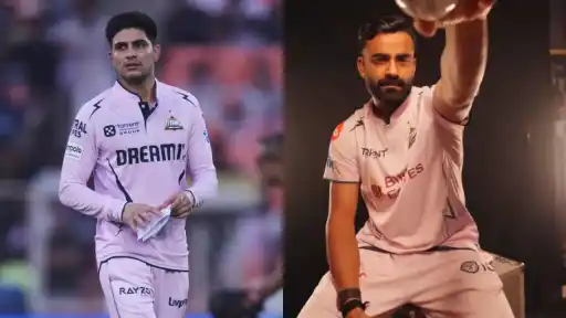 Gujarat Titans players wearing special lavender jerseys during GT vs SRH IPL 2026 match at Narendra Modi Stadium, Ahmedabad
