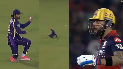 Manish Pandey diving to take a stunning catch to dismiss Tim David during KKR vs RCB IPL 2026 match as Virat Kohli celebrates in the background