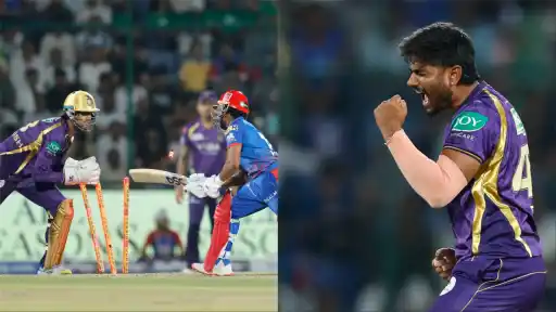 Anukul Roy (KKR) celebrates after dismissing Pathum Nissanka and Tristan Stubbs in one over — DC vs KKR IPL 2026 Match 51 at Arun Jaitley Stadium