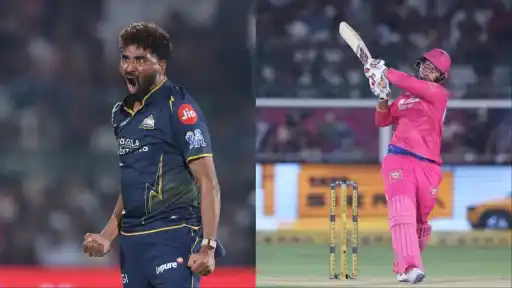 Mohammed Siraj celebrating the dismissal of Vaibhav Sooryavanshi caught by Arshad Khan off a 146.6 kph bouncer during RR vs GT IPL 2026