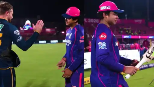 Jos Buttler handing over his cricket bat to Vaibhav Suryavanshi after Rajasthan Royals vs Gujarat Titans IPL 2026 match