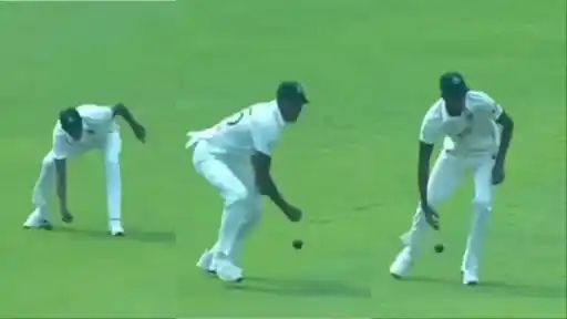 Bangladesh fast bowler Nahid Rana fumbling three times while attempting to field a delivery during Day 2 of the BAN vs PAK 1st Test