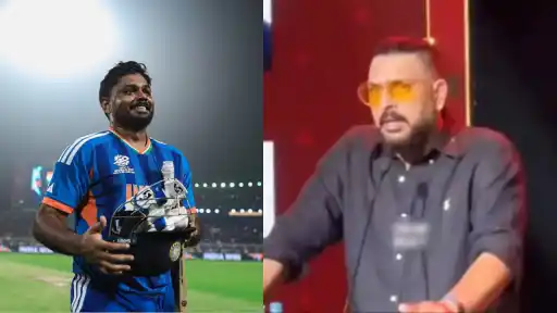 Yuvraj Singh speaking on stage in Thrissur, Kerala, praising Sanju Samson as India's best limited-overs batsman