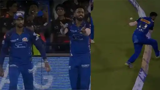 Naman Dhir reacts after dropping a crucial catch of Krunal Pandya during RCB vs MI match in IPL 2026