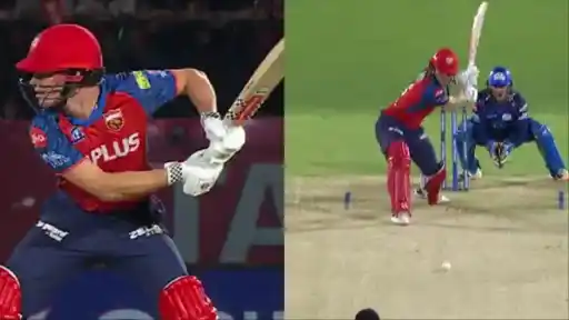 Cooper Connolly of Punjab Kings sends Raghu Sharma of Mumbai Indians for a towering 102-metre six during PBKS vs MI Match 58 of IPL 2026 at the HPCA Stadium in Dharamsala