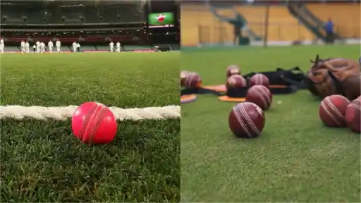 ICC red ball and pink ball side by side — the radical 2026 Test cricket rule change proposal that would split one match into two ball types
