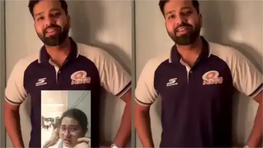 Rohit Sharma mouthing sorry and gesturing apology to a fangirl in the stands during KKR vs MI IPL 2026 match — viral video