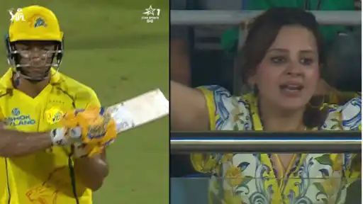 MS Dhoni's wife Sakshi Dhoni caught on camera with a hilarious reaction in the stands after the umpire refuses to signal wide on a delivery to Shivam Dube during the CSK vs SRH IPL 2026 clash