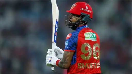 Shreyas Iyer raises his bat after reaching his maiden IPL century 101* off 51 balls with a six during PBKS vs LSG IPL 2026 at Ekana Cricket Stadium Lucknow