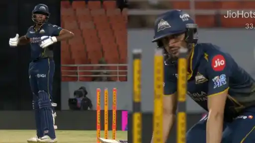 Shubman Gill reacts in disbelief on the field after Sai Sudharsan's hit wicket dismissal during RR vs GT IPL 2026 Qualifier 2