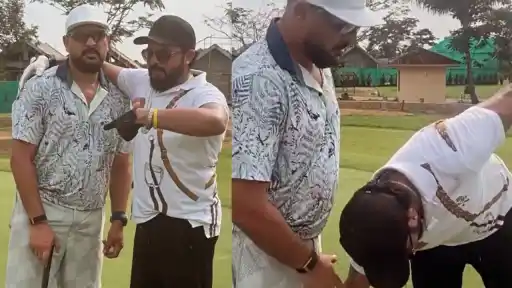 Sreesanth touching Yuvraj Singh's feet during a golf session in Kochi ahead of IPL 2026