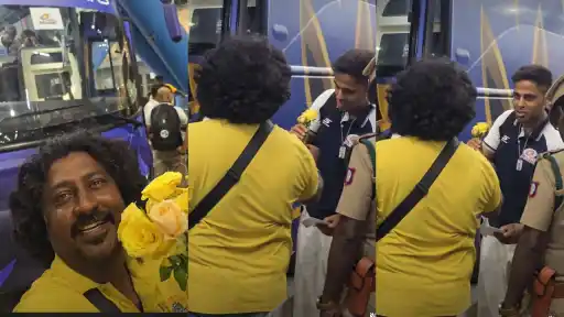 Suryakumar Yadav receives a yellow rose from a MS Dhoni fan in Chennai