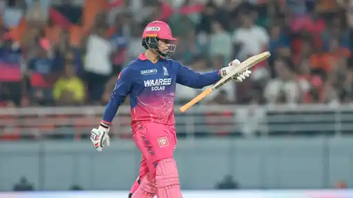 Vaibhav Suryavanshi hits 8 sixes in 16-ball fifty during IPL 2026 Eliminator against SRH at Mullanpur, breaking Chris Gayle's record of most sixes in an IPL season