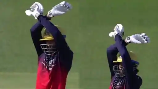Venkatesh Iyer mid-celebration re-creating Thalapathy Vijay's iconic pose on the field during PBKS vs RCB IPL 2026