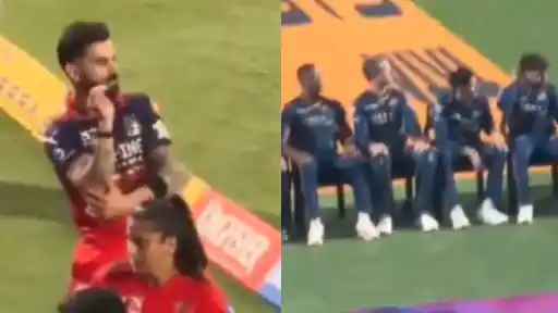 Virat Kohli trolling Shubman Gill and the Gujarat Titans squad with the Babaji Ka Thullu gesture during IPL 2026 Qualifier 1