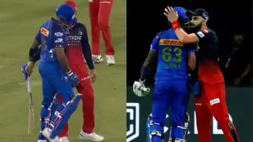 Virat Kohli shaking hands with Suryakumar Yadav on the field at Shaheed Veer Narayan Singh International Stadium Raipur during IPL 2026 Match 54