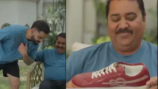 Virat Kohli touching childhood coach Rajkumar Sharma's feet and gifting One8 shoes during IPL 2026 — viral heartwarming moment
