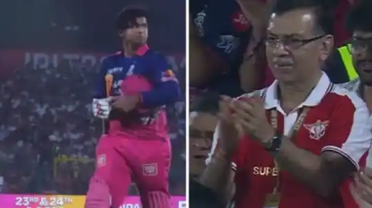 Sanjiv Goenka giving a standing ovation to Vaibhav Sooryavanshi after his breathtaking 93 off 38 balls for RR in IPL 2026