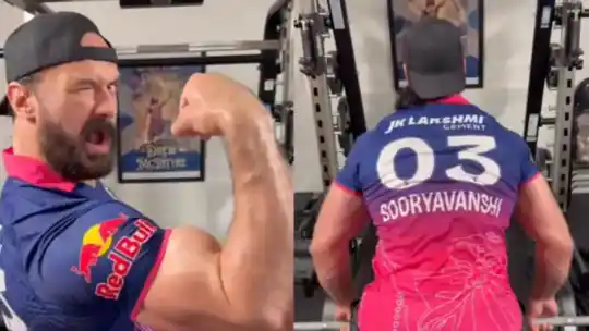WWE superstar Drew McIntyre training wearing Vaibhav Sooryavanshi's Rajasthan Royals jersey ahead of IPL 2026 Eliminator