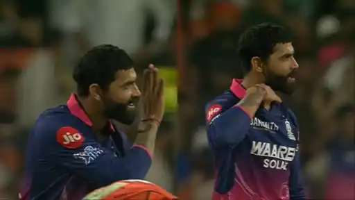 Ravindra Jadeja doing Pushpa celebration to mock Nitish Reddy after his dismissal in RR vs SRH IPL 2026 Eliminator