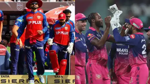 Rajasthan Royals players celebrating IPL 2026 playoff qualification at Wankhede as RR's official account posts "Panga Na Lo" aimed at Punjab Kings