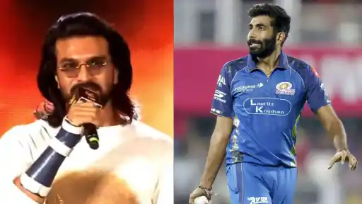 Ram Charan on stage at the Peddi movie promotional event in Bhopal where he mistakenly called Jasprit Bumrah a footballer and later issued a public apology
