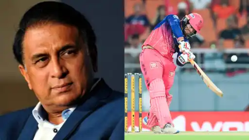 Sunil Gavaskar during IPL 2026 Eliminator commentary alongside Vaibhav Sooryavanshi batting in Rajasthan Royals jersey