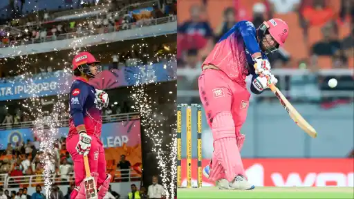 Vaibhav Sooryavanshi hitting one of his 12 sixes during his 97 off 29 balls knock in RR vs SRH IPL 2026 Eliminator at New Chandigarh