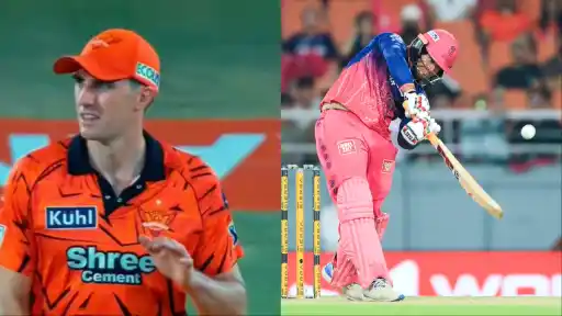 Vaibhav Sooryavanshi hitting Pat Cummins for the third consecutive six in the SRH vs RR IPL 2026 Eliminator