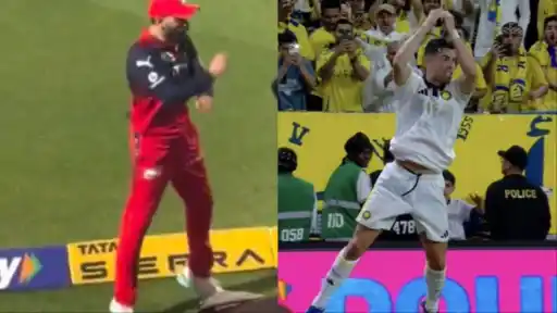 Virat Kohli doing Cristiano Ronaldo's SIUUU celebration after RCB reach IPL 2026 final — arms out, head back, crowd erupting at stadium