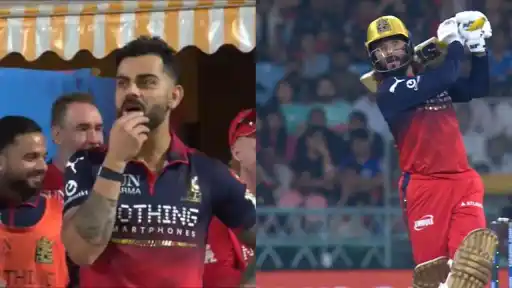Virat Kohli with hand near mouth in shock watching from RCB dugout alongside Faf du Plessis as Rajat Patidar hits six over covers in IPL 2026 Qualifier 1 vs GT