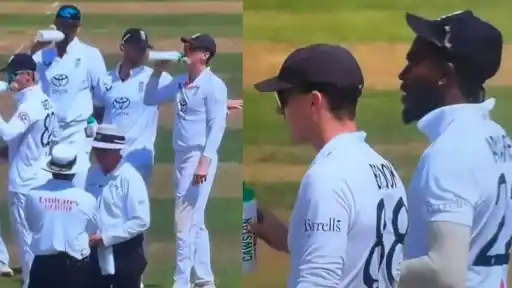 Ben Stokes playfully encourages Jofra Archer to join the celebration after Shoaib Bashir takes a wicket during England vs New Zealand 3rd Test