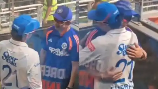 Gautam Gambhir sharing a heartwarming hug with former KKR player Rahmanullah Gurbaz during India vs Afghanistan Test match 2026