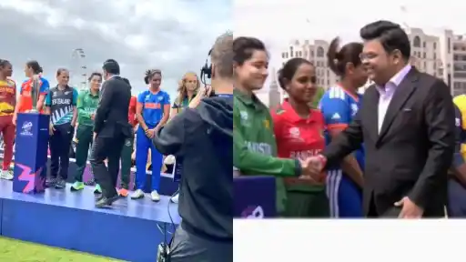 ICC Chairman Jay Shah shaking hands with Pakistan women's cricket captain Fatima Sana during the ICC Women's T20 World Cup 2026 official photoshoot