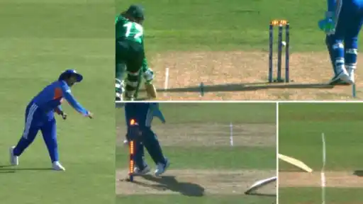 Deepti Sharma hitting the stumps direct to run out Muneeba Ali during India vs Pakistan Women's T20 World Cup 2026