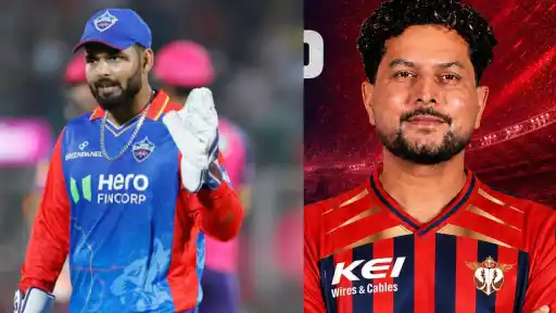Rishabh Pant joining Delhi Capitals and Kuldeep Yadav joining Lucknow Super Giants — graphic for the top 3 biggest trade deals in IPL history 2026