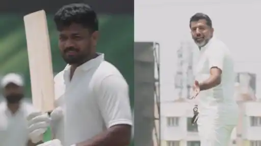 Sanju Samson reacts after facing Rohan Bopanna's fast bowling in Wimbledon's Role Reversal Challenge ahead of Wimbledon 2026