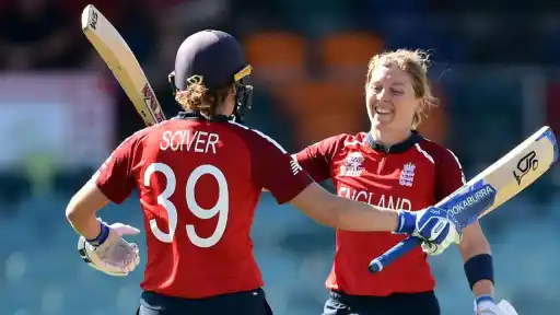 Collage of highest partnerships in Women's T20 World Cup history — Knight, Sciver-Brunt, Bates, Devine, Healy and Mooney batting together