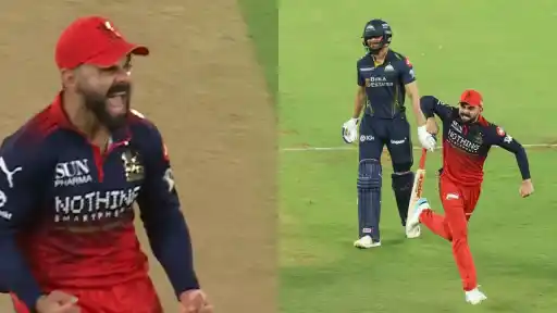 Virat Kohli reacts wildly on the field as Shubman Gill is dismissed for 10 by Josh Hazlewood, caught by Rajat Patidar, in the RCB vs GT IPL 2026 Final at Narendra Modi Stadium Ahmedabad